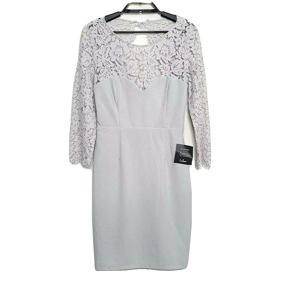 Lulus Gray Lace Dress Bodycon Backless 3/4 Sleeve